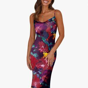 PRETTYGARDEN Floral Maxi Dress Small Strappy Mesh Red Pink Blue Purple NEW